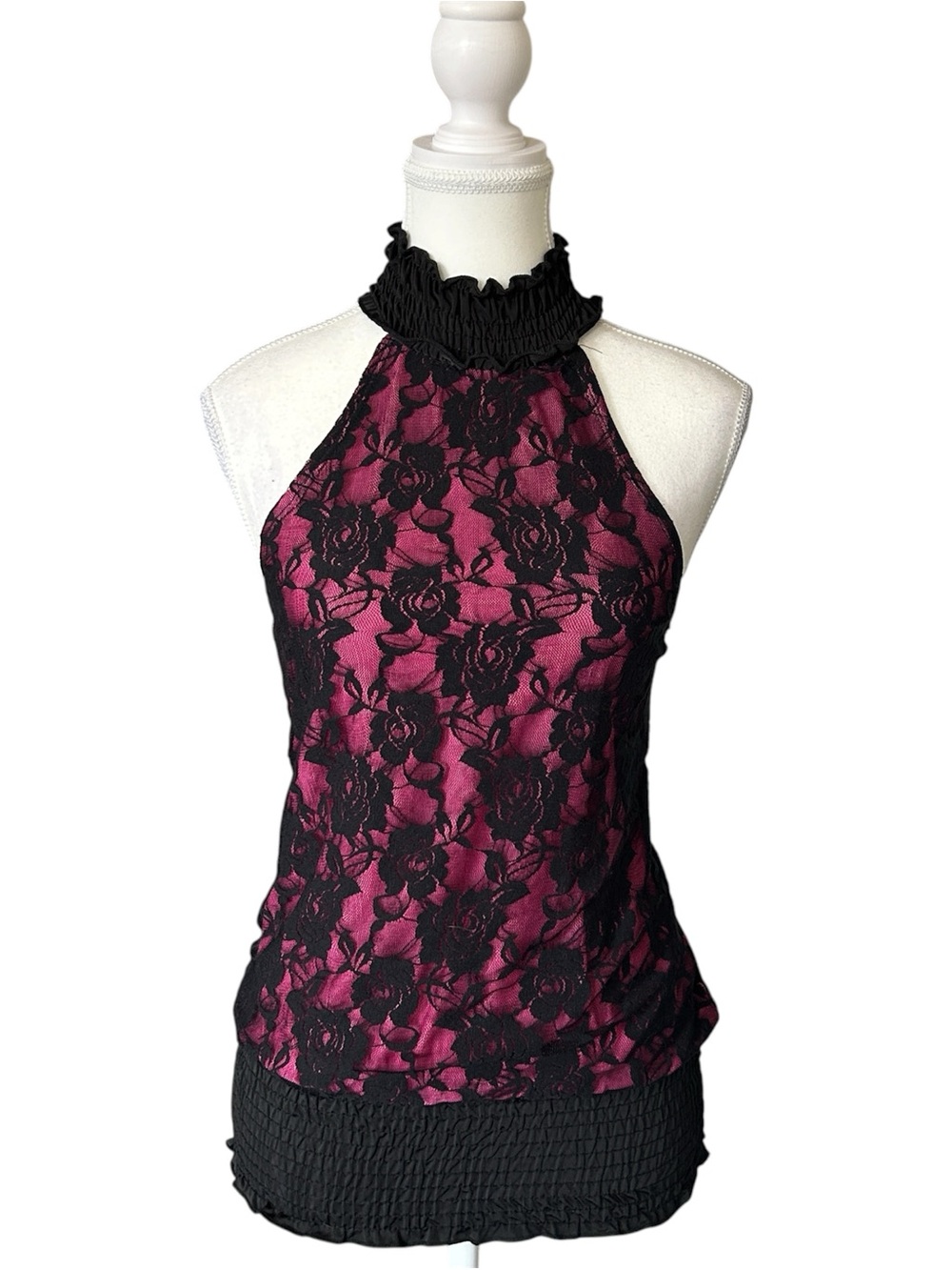 Y2K “Seductions” Pink and Black Floral Lace Style Halter Top with Open Back